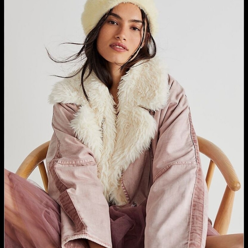 Free People Lolo Denim Mauve Faux Fur Collar Double Breasted Oversized Jacket